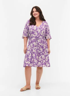 Zizzi Dress With 1/2 Sleeves And Floral Print In Viscose -Chic Soldes CA02380B 9990 ModelFullBody
