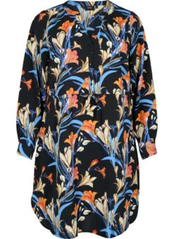 Zizzi Printed Dress With Drawstring At The Waist -Chic Soldes CA02389C 9993 Front