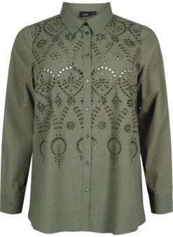 Zizzi Cotton Shirt With Broderie Anglaise -Chic Soldes CA02401A 2151 Front