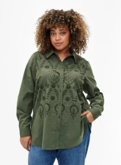 Zizzi Cotton Shirt With Broderie Anglaise