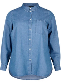Zizzi Long Sleeve Denim Shirt With Chest Pocket -Chic Soldes CA02411A 1025 Front