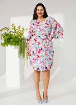 Zizzi Printed Pleated Dress With Waist Tie