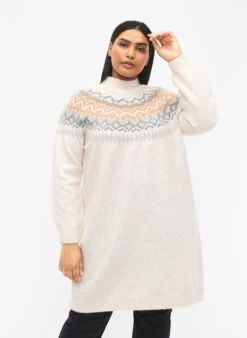 Zizzi Patterned Knitted Dress With Long Sleeves