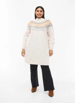 Zizzi Patterned Knitted Dress With Long Sleeves -Chic Soldes CA61207C 0747 ModelFullBody