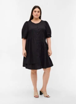 Zizzi Cotton Shirt Dress With Puff Sleeves -Chic Soldes E02753A 0199 ModelFullBody