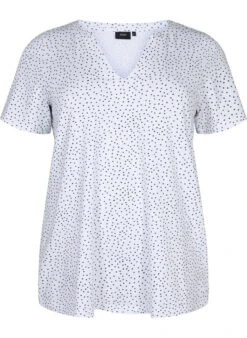 Zizzi Cotton T-shirt With Dots And V-neck -Chic Soldes E04155A 9992 Front