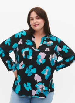 Zizzi Long-sleeved Viscose Blouse With Print -Chic Soldes E04162B 9990 ModelDetail1