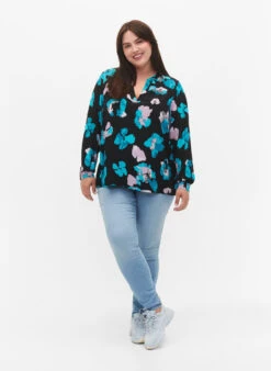 Zizzi Long-sleeved Viscose Blouse With Print -Chic Soldes E04162B 9990 ModelFullBody
