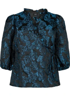 Zizzi Jacquard Wrap Blouse With 3/4 Sleeves -Chic Soldes E04172A 0199 Front