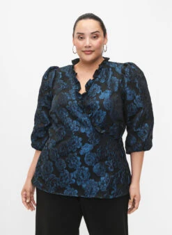 Zizzi Jacquard Wrap Blouse With 3/4 Sleeves