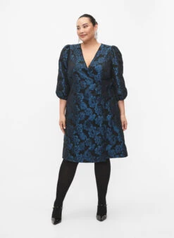 Zizzi Jacquard Wrap Dress With 3/4 Sleeves -Chic Soldes E04172B 0199 ModelFullBody