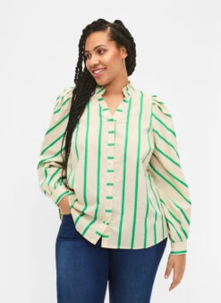Zizzi Striped Cotton Shirt Blouse With Ruffle Collar