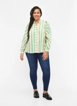 Zizzi Striped Cotton Shirt Blouse With Ruffle Collar -Chic Soldes E04212A 9990 ModelFullBody