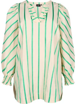 Zizzi Striped Tunic In Cotton With Smock And Ruffles -Chic Soldes E04212B 9990 Front