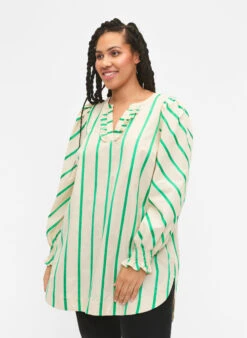 Zizzi Striped Tunic In Cotton With Smock And Ruffles