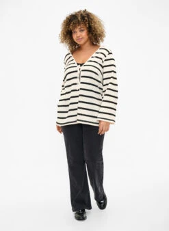 Zizzi Striped Cardigan With Tie-string -Chic Soldes E04218A 9990 ModelFullBody