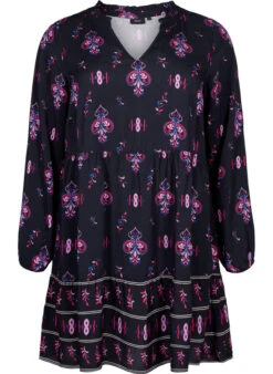 Zizzi Long Sleeve Viscose Dress With Print -Chic Soldes E04223A 9990 Front