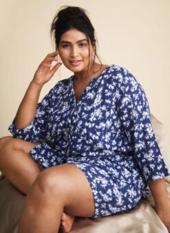Zizzi Floral Nightshirt With 3/4 Sleeves