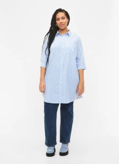 Zizzi Long Striped Shirt With 3/4 Sleeves -Chic Soldes M58080D 1435 ModelFullBody