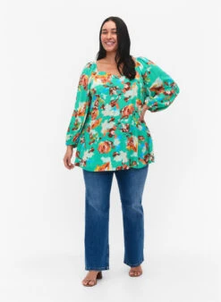 Zizzi Printed Viscose Blouse With 3/4 Sleeves -Chic Soldes M58084C 1037 ModelFullBody