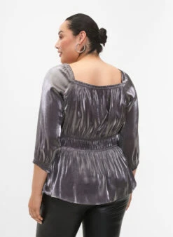 Zizzi Silver-colored Blouse With 3/4 Sleeves And Smock -Chic Soldes M58393E 9990 ModelBack