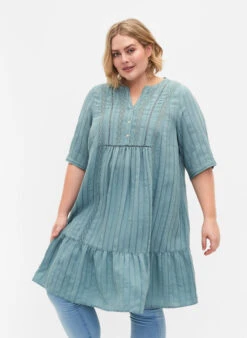 Zizzi Striped Viscose Dress With Lace Ribbons