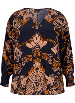 Zizzi Printed Viscose Blouse With Long Sleeves And Smocking -Chic Soldes M58767C 1496 Front
