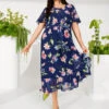 Zizzi Short Sleeve Midi Dress With Floral Print -Chic Soldes M58833A 0300 ImageFront