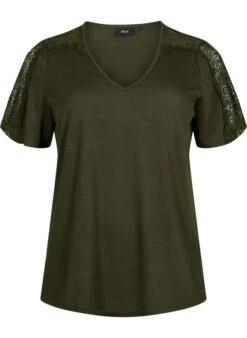 Zizzi Short-sleeved Blouse With Lace And V-neck -Chic Soldes M58888A 0787 Front