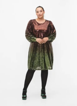 Zizzi Sequin Dress With Balloon Sleeves -Chic Soldes M59172A 0906 ModelFullBody