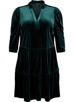 Zizzi Velour Dress With Ruffle Collar And 3/4 Sleeves -Chic Soldes M59185G 0906 Front