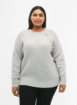 Zizzi Melange Pullover With Pearl Buttons
