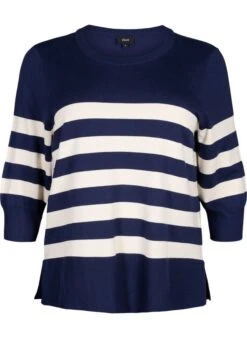Zizzi Striped Viscose Pullover With 3/4 Sleeves -Chic Soldes M61099P 1494 Front