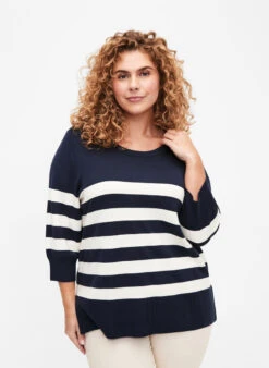 Zizzi Striped Viscose Pullover With 3/4 Sleeves