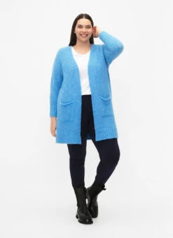 Zizzi Long Knitted Cardigan With Wool And Pockets -Chic Soldes M61203A 0986 ModelFullBody
