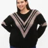 Zizzi Knitted Sweater With Striped Detail -Chic Soldes M61275A 0199 ModelFront
