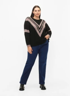Zizzi Knitted Sweater With Striped Detail -Chic Soldes M61275A 0199 ModelFullBody