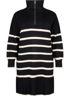 Zizzi Striped Knit Dress With High Collar And Zipper -Chic Soldes M61276D 0199 Front