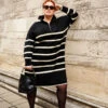 Zizzi Striped Knit Dress With High Collar And Zipper -Chic Soldes M61276D 0199 ImageFront