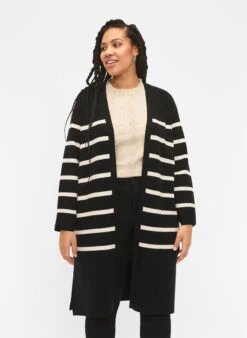 Zizzi Striped Knit Cardigan In Viscose Blend