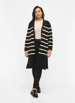 Zizzi Striped Knit Cardigan In Viscose Blend -Chic Soldes M61276E 0199 ModelFullBody