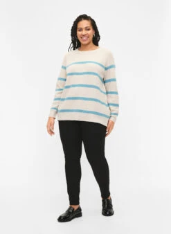 Zizzi Rib-knit Sweater With Stripes -Chic Soldes M61279A 1112 ModelFullBody
