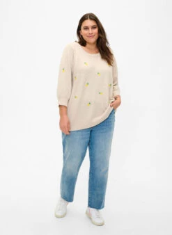 Zizzi 3/4 Sleeve Knitted Blouse With Lemons -Chic Soldes M61279G 1112 ModelFullBody