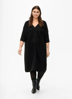 Zizzi Ribbed Dress With 3/4 Sleeves -Chic Soldes M61288A 0199 ModelFullBody