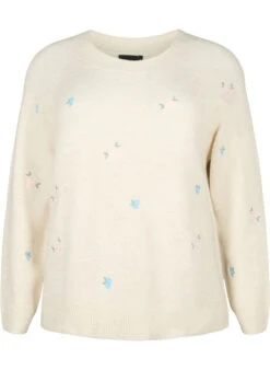 Zizzi Knitted Sweater With Embroidered Flowers -Chic Soldes M61292A 0747 Front