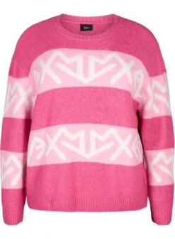 Zizzi Striped Knit Sweater With Graphic Pattern -Chic Soldes M61296A 2207 Front