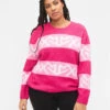 Zizzi Striped Knit Sweater With Graphic Pattern -Chic Soldes M61296A 2207 ModelFront