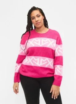 Zizzi Striped Knit Sweater With Graphic Pattern