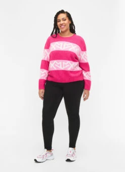 Zizzi Striped Knit Sweater With Graphic Pattern -Chic Soldes M61296A 2207 ModelFullBody
