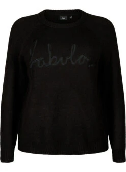 Zizzi Knitted Blouse With Embroidered Text -Chic Soldes M61298A 0199 Front